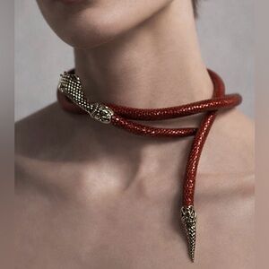 Vintage Mesh Articulated Snake Serpent Necklace Belt Lariat Cherry Red Enamel